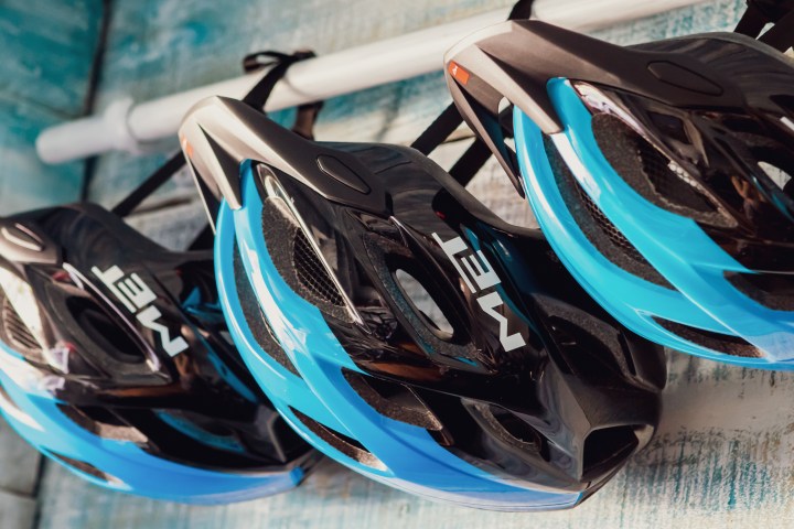 a blue helmet sitting on a table