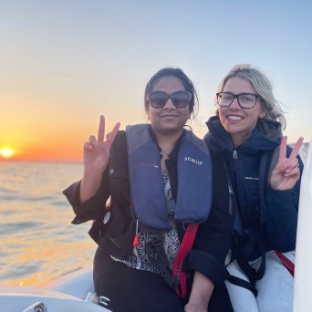 a couple of people posing for the camera